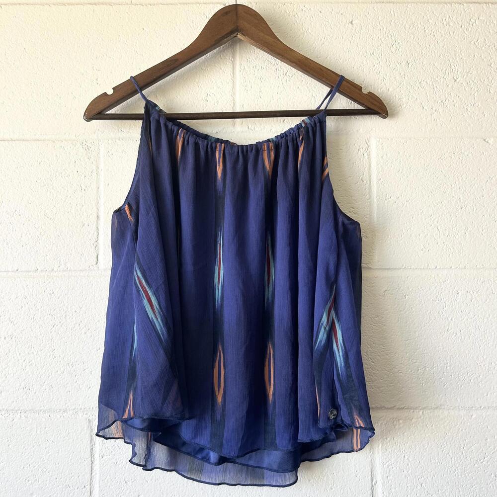 Roxy Blue Aztec Sheer Sleeveless Boho Bohemian Blouse Top Women's Large